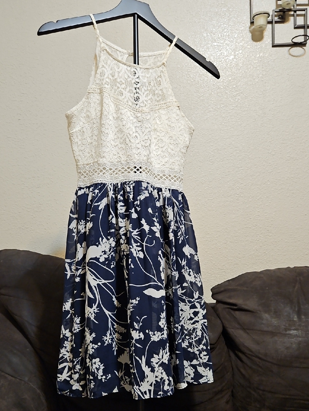 By & By Cream Lace Bodice Navy Floral Midi Dress